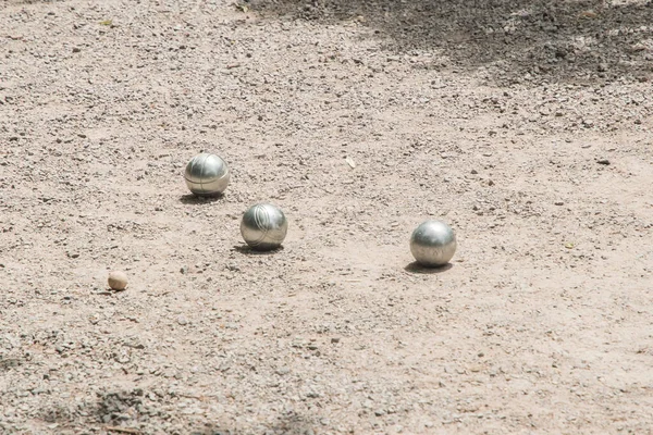 Μπάλες Petanque Boules Κοντά Στο Jack Μπάλα Στόχο Χαλίκι Petanque — Φωτογραφία Αρχείου