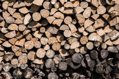 Köy evinin yanındaki odun yığını ahşap arka plan olarak yakın plan