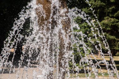 Güneşli yaz gününde şehir parkındaki çeşmeden köpüklü su.