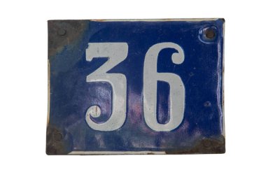 Weathered grunge square metal enameled plate of number of street address with number 36 isolated on white background clipart