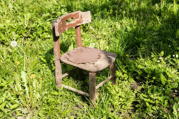 Yaşlı yıpranmış küçük çocuklar bahçedeki çimlerin üzerinde ahşap sandalye, klasik tarzda..