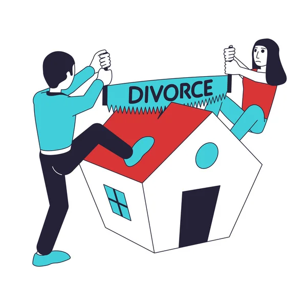 stock vector Divorced couple share property. The husband and wife are sawing the house with a two-handed saw.