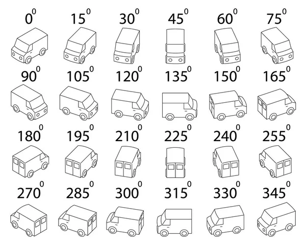 Conjunto Minivans Diferentes Ângulos Rotação Van Contorno Por Graus Para Ilustrações De Stock Royalty-Free