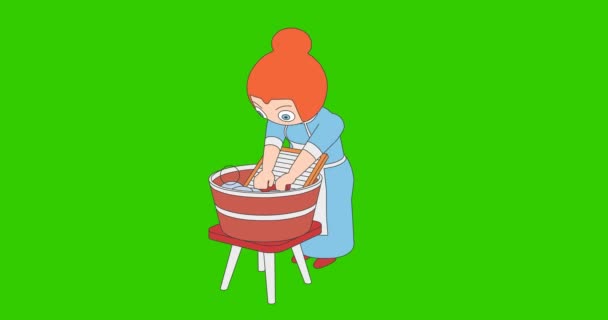 Den Tecknade Kvinnan Tvättar Sig För Hand Hemmafru Använder Tvättbräda — Stockvideo