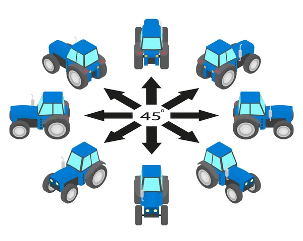 Mavi Traktörün Dönüşü Derece Taksi Traktörleri Izometrik Görüntüde Farklı Açılarda — Stok Vektör