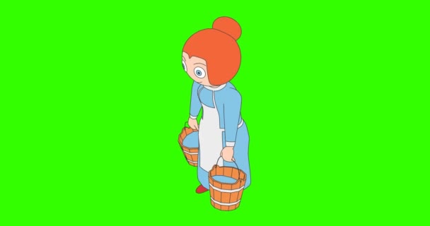 卡通女郎提着装有水的水桶 一个拿着沉重的水桶走路的女人的动画 — 图库视频影像