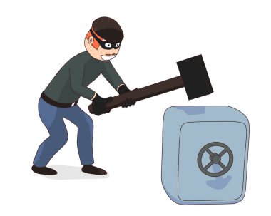 Çizgi film kasa hırsızı elinde bir balyoz tutuyor. Hırsız büyük bir çekiçle kasayı açmaya çalışıyor..