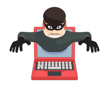 Bir hırsız dizüstü bilgisayardan çıkıyor. Bir bilgisayar korsanı bilgisayarı hackledi ve paraya uzandı..