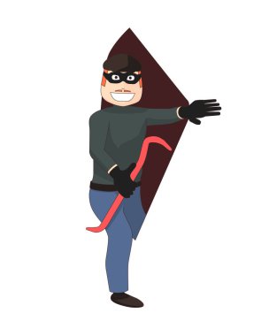 Hırsız beyaz arka plandan çıkıyor. Maskeli bir hırsız elinde bir levye tutuyor ve bir anda ortaya çıkıyor..