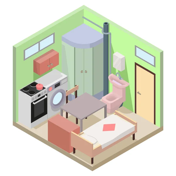 在等距视野下的小巧公寓 这个房间与一个有浴室和卧室的厨房结合在一起 以节省总面积 面积小 经济适用住房的廉租房 — 图库矢量图片