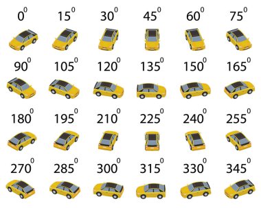 Farklı açılardan 24 pikselli bir araba seti. Arabanın piksel sanat tarzında döndürülmesi animasyon için 15 derece.  