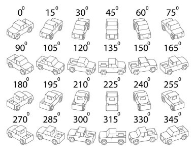 Farklı açılardan 24 farklı açı seti. Animasyon için kamyonetin ana hatlarıyla 15 derece döndür.  