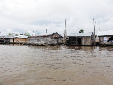 Peru 'nun ahşap evlerinden oluşan köyü, iquitos' taki Amazon nehrinin üzerindeki kalelerin üzerinde duruyor.