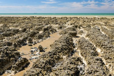 Yazın güneşli bir günde Ault yakınlarında kıyılar, mavi gökyüzü, kuzey Fransa