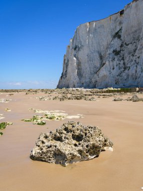 Yazın güneşli bir günde Ault yakınlarındaki sahil ve yüksek uçurumlar, mavi gökyüzü, kuzey Fransa