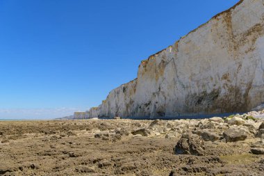 Yazın güneşli bir günde Ault yakınlarındaki sahil ve yüksek uçurumlar, mavi gökyüzü, kuzey Fransa