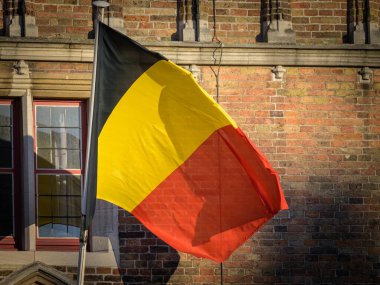 Eski bir binanın önünde Belçika bayrağı, güneş ışığı, yaz