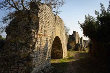 Baharda güneşli bir günde Arles yakınlarında barbekü su kemeri ve değirmenleri. Bu Roma kompleksi bir su kemeri ve iki paralel sekiz kişilik yamaçtan inen 16 su tekerleğinden oluşuyordu. (Provence, Fransa)