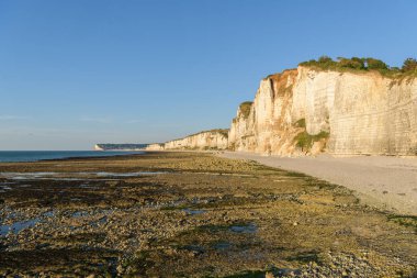 Yazın güneşli bir akşamda Fransa 'nın (Yport) kayalıkları alçak sularda
