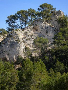 Bahar mevsiminde güneşli bir günde Alpiller 'de (Provence, Fransa) muazzam bir kaya oluşumu