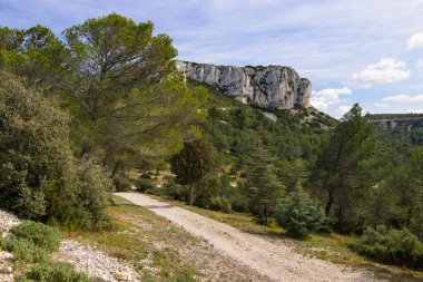 Bahar mevsiminde güneşli bir günde Alpiller 'de (Provence, Fransa) muazzam bir kaya oluşumu