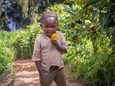 Bunyonyi Gölü, Uganda - 15 Haziran 2022: Sarı çiçekli küçük ugandalı bir çocuk Bunyonyi Gölü 'nde bir adada