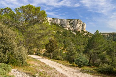 Bahar mevsiminde güneşli bir günde Alpiller 'de (Provence, Fransa) muazzam bir kaya oluşumu