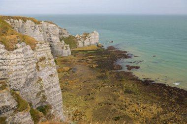 Yazın güneşli bir gününde Etretat (Normandiya Fransa) tebeşir kayalıkları