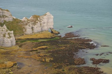 Yazın güneşli bir gününde Etretat (Normandiya Fransa) tebeşir kayalıkları