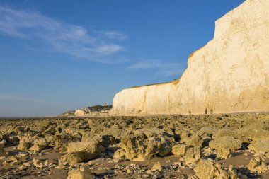 Yazın güneşli bir günde Ault yakınlarındaki sahil ve yüksek uçurumlar, mavi gökyüzü, alçak gelgit, kuzey Fransa