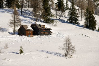 Tauplitz, Avusturya - 02 Şubat 2023: Dağlarda kar altında geleneksel bir Avusturalya evi