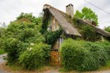 Barneville-la-Bertran, Fransa - 25 Temmuz 2022 Barneville la Bertran 'daki eski ev yazın bulutlu bir gününde, çiçekler, bahçe