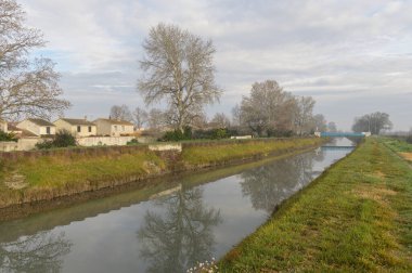 Arles, Fransa - 8 Mart 2023: Arles 'teki Canal du Vigueirat İlkbahar sabahı, erken gün ışığı
