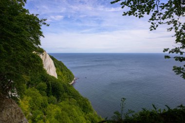 Yazın bulutlu bir günde, Ruegen (Almanya) adasındaki sahil, orman, kayalıklar