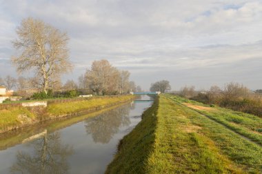 Arles, Fransa - 8 Mart 2023: Arles 'teki Canal du Vigueirat İlkbahar sabahı, erken gün ışığı