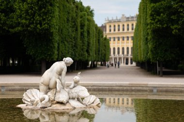 Viyana, Avusturya - 19 Mayıs 2020: Baharın güneşli bir günü, Schloss Schoenbrunn parkında taştan yapılmış çeşme