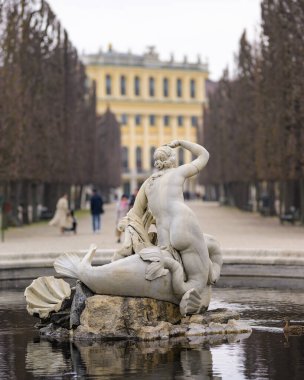 Viyana, Avusturya - 9 Mart 2024: Schloss Schoenbrunn parkında taştan yapılmış çeşme, kışın bulutlu bir gün