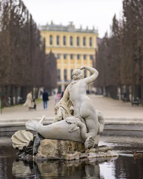 Viyana, Avusturya - 9 Mart 2024: Schloss Schoenbrunn parkında taştan yapılmış çeşme, kışın bulutlu bir gün