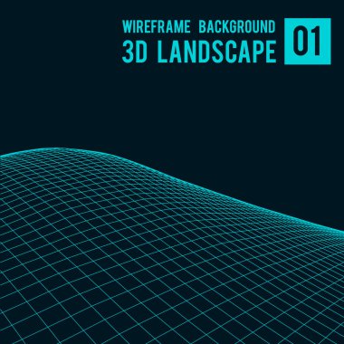 Kablo çerçeveli peyzaj. Soyut vektör 3D teknoloji çizimi. Vektör illüstrasyonu