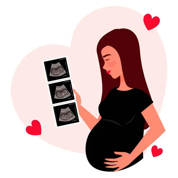 赤ちゃんの写真を手に長い髪の妊娠中の女性 幸せな女性は胚の写真を見ています 赤ちゃんの超音波を持った笑顔の女性 漫画ベクトルイラスト — ストックベクタ