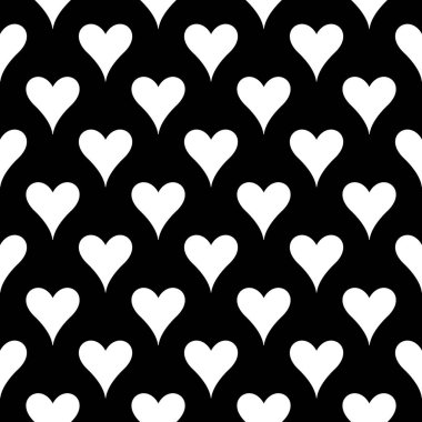Soyut parçalarla dolu bir kalp geçmişi var. Düzenli siyah-beyaz desen. Tekstil tasarımı, yüzey dokuları, ambalaj kağıdı için soyut arkaplan.