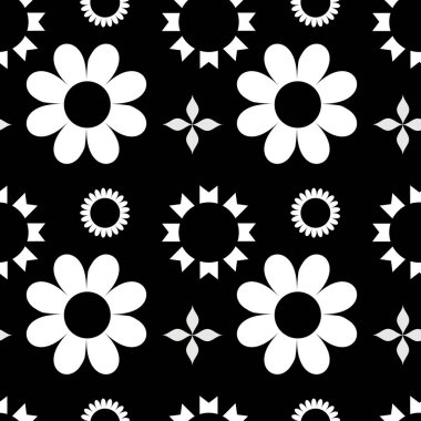 Tertemiz bir desen gibi siyah ve beyaz çiçekler. Tekstil tasarımı, yüzey dokuları, ambalaj kağıtları için soyut arkaplan. Soyut çiçekli basit düzenli grafik tasarımı. 