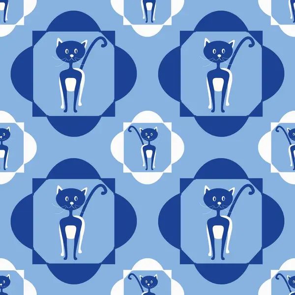 Cartoon seamless background with blue cats, like a cheerful pattern. Regular baby texture with cats and flowers.