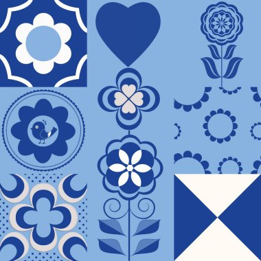 Mavi ve beyaz çiçekler kusursuz desenli. Tekstil tasarımı, yüzey dokuları, ambalaj kağıdı için soyut bir arkaplan. Çiçek seti..