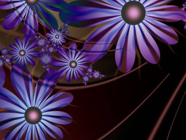 Mavi çiçekli fraktal görüntü. Metin eklenecek bir yer ile şablon. Matematiksel algoritma tarafından oluşturulan fraktal çiçek. Bilgisayar arkaplanı, yazdırma etiketleri, etiketler, vs..