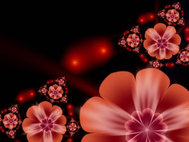 Çiçekli fraktal görüntü. Metin eklemek için bir yer şablonu. Çiçekli kırmızı fraktal çizim. Fraktal görüntü. Yaratıcı grafik tasarımı için dijital çizimler.