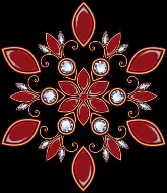 Vintage round pattern, jewelry with rubies and transparent gems on a black background, the shape of a mandala or snowflake. Beautiful jewelry, medallion, brooch, decoration. 