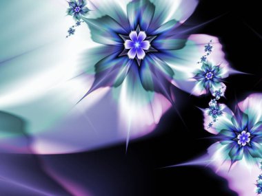 Fantastik çok renkli çiçekler. Şablon, bilgisayar arkaplan, etiket yazdırma ve daha fazlası olarak kullanılacak fraktal çizimler. Grafik arkaplan tasarımı.