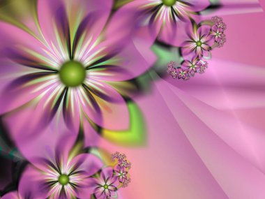 Fantastik çok renkli çiçekler. Şablon, bilgisayar arkaplan, etiket yazdırma ve daha fazlası olarak kullanılacak fraktal çizimler. Grafik arkaplan tasarımı.