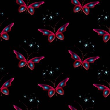 Glowing neon butterflies as a seamless pattern for graphic design